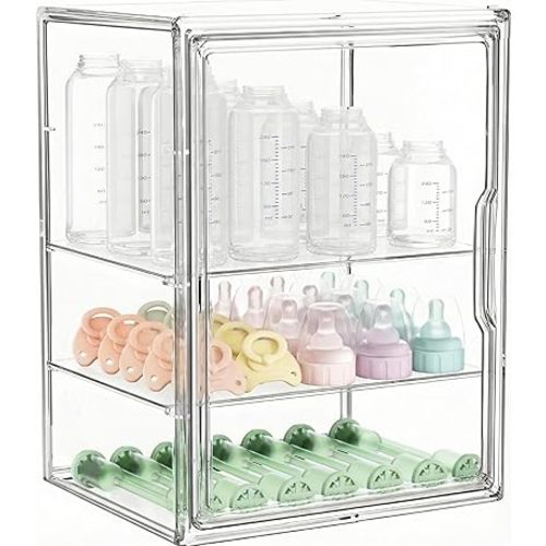 Baby Bottle Storage Organizer for Countertop, Large Clear Bottle Organizer, Baby Bottle Storage Organizer for Bottles, Nipples, Pump Parts & Food Jars, Nursery Cabinet, Kitchen Pantry
