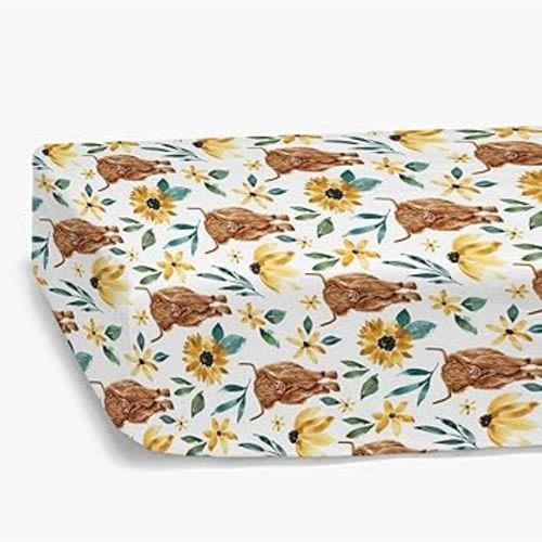 Highland Cow Sunflower Fitted Standard Crib Sheet for Baby Girl, Fall Western Farm Animal Yak Flower Toddler Mattress Cover, Soft Stretchy Nursery Bed Sheets Floral Decor Kids Gift 52" x 28"