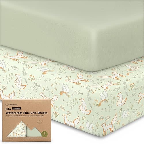 2-Pack Waterproof Pack and Play Sheets, Mini Crib Sheets Fitted for Boy, Girl - 38 x 26 Viscose from Bamboo Pack N Play Mattress Sheets for Graco, Toddler Playard Baby Crib Sheets Neutral (Foxtrot)