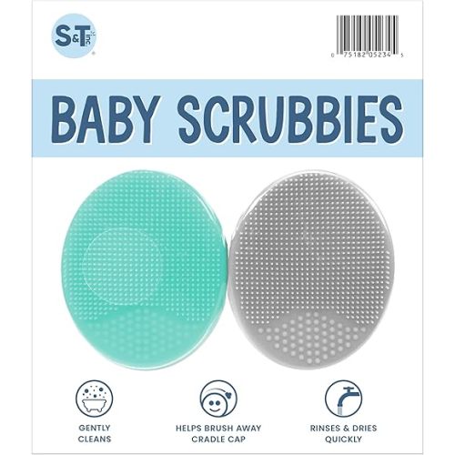 S&T INC. Exfoliating and Massaging Cradle Cap Bath Brushes for Baby, Silicone - 2 Inch x 2.5 Inch, Grey and Teal, 2 Pack