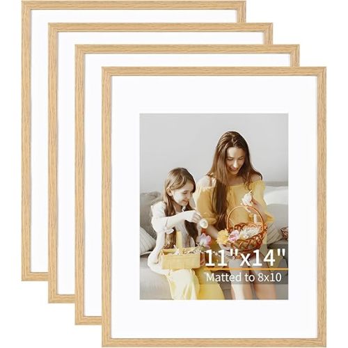 11x14 Picture Frame Set of 4, Displays 8x10 with Mat or 11x14 Without Mat, Photo Frames for Wall Hanging or Tabletop, Includes HD Plexiglass, Light Wood Grain