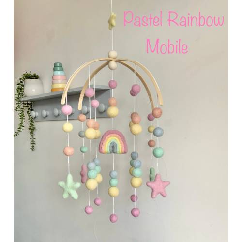 Pastel rainbow and star felt ball mobile / pastel rainbow cascading arched nursery mobile