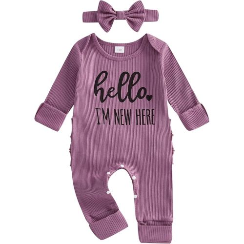 FIOMVA Im New Here Newborn Outfit Girl Long Sleeve Letter Romper Ribbed Knit Jumpsuit Baby Girl Preemie Coming Home Outfit