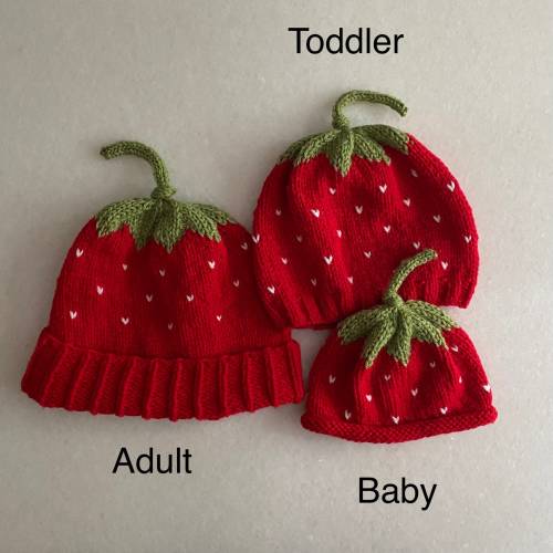 Knit strawberry fruit hat; adult, toddler, baby caps; Mommy and me beanie sets; handmade baby shower gift; summer, spring newborn infant red