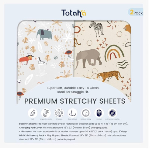 TotAha Jungle Animal Mini Crib Sheet, Premium Stretch Fitted Portable Mini Cribs Playards Sheets, Ultra Soft Breathable Jersey Knit Pack N Play Sheet 24x38x5, 2 Pack