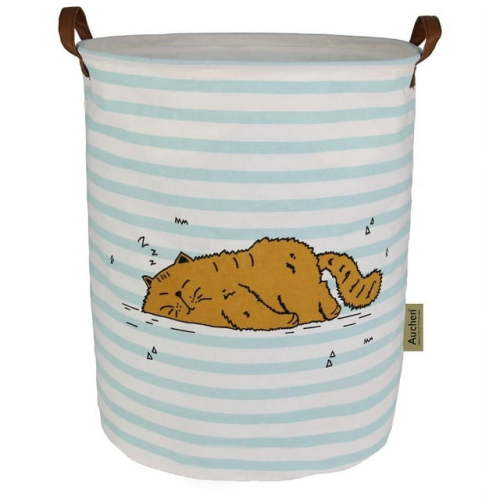 AUCHEN 19.7" Collapsible Laundry Basket, Foldable Cotton Linen Laundry Hamper for Baby Girl Boy, Large Capacity Basket with Handles Bag Dirty Clothes Toy Storage Basket Bin ( Round - Brown Cat )