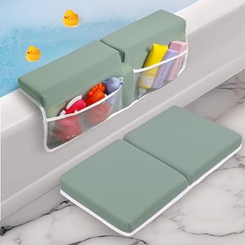 Baby Bath Kneeler and Elbow Rest Pad Set - Baby Bath Support for Knees and Elbows - Bath Kneeler Pad with Memory Foam and Bath Toys Organizer - Ideal Bath Kneeling Pad for Bathing Baby - Green