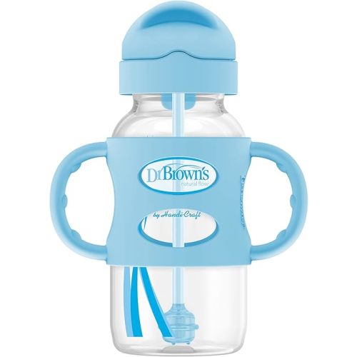 Dr. Brown's Milestones Wide-Neck Sippy Straw Bottle with 100% Silicone Handles and Weighted Straw, 9 oz/270 mL, Blue, 6m+
