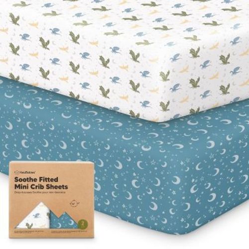 KeaBabies Mini Crib Sheets for Baby Girls, Boys, 2-Pack Soothe Pack and Play Sheets Fitted, Organic Pack N Play Mattress Sheet (Dragon Tale)