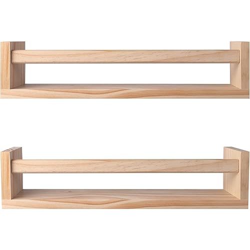 birola Nursery Shelves, Naturel Wood Floating Wall Bookshelf for Kids, Bathroom Decor, Kitchen Spice Rack (Burlywood), Set of 2