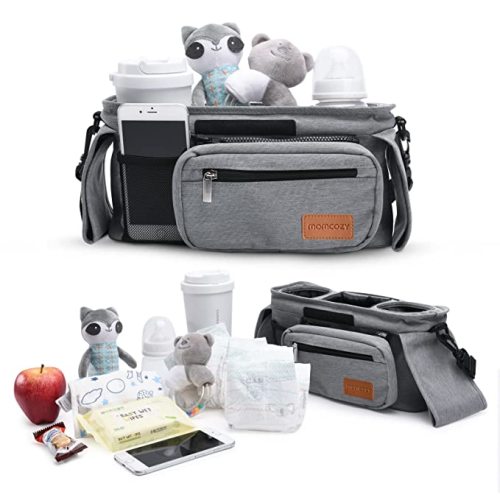 Universal Stroller Organizer with Insulated Cup Holder by Momcozy - Detachable Phone Bag & Shoulder Strap, Fits for Stroller Like Uppababy, Baby Jogger, Britax, BOB, Umbrella and Pet Stroller - Grey