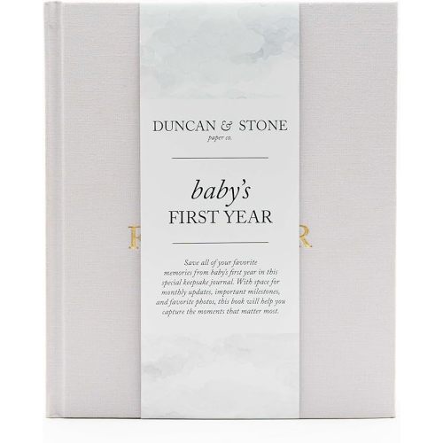 Duncan & Stone Baby Book First Year Memory Keepsake, Linen, Sky Blue | Record milestones, photos & ultrasounds in a 112-page linen baby book; a boy or girl new mom keepsake gift