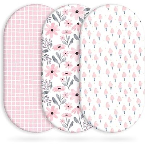 Yoofoss Bassinet Sheets Baby Girl Boy, Fitted Bassinet Sheet Set 3 Pack Universal Fit for Cradle Moses Basket Oval Rectangle Round Hourglass Mattress,Soft Breathable (Pink+Floral)