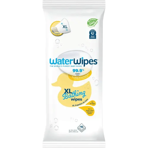 WaterWipes Plastic-Free XL Bathing Wipes for Toddlers & Babies, 99.9% Water Based Wipes, Unscented & Hypoallergenic for Sensitive Skin, 16 Count (1 pack), Packaging May Vary
