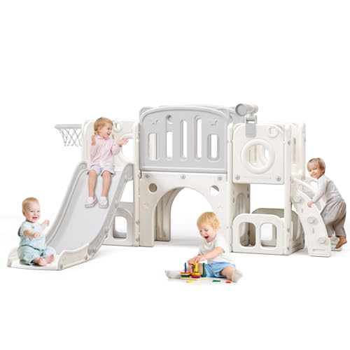 YUYUE 8 in 1 Toddler Slide,Kids Climber Slide with Storage Space and Non-Slip Steps,Indoor Outdoor Playset with Basketball Hoopa and Telescope,Slide for Toddlers Age 1-8 (White+Grey)