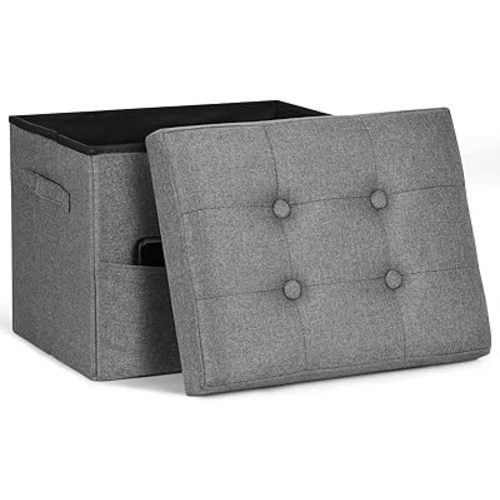Storage Ottoman. Foot Rest Stool with Thicker Foam Padded Seat. Linen Footstool Storage Bench, 350 lbs Folding Bench Small Ottoman for Living Room, Bedroom, Coffee Table. 17x13x13in, Dark Gray