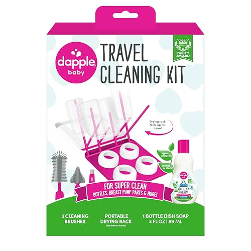 Dapple Baby Travel Cleaning Kit - 5 Piece- Baby Bottle & Dish Soap, Bottle Brushes, and Drying Rack - Newborn Essentials