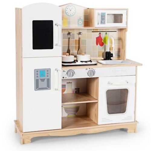 Costway Wooden Kids Pretend Kitchen Playset Cooking Play Toy W/ Utensils & Sound