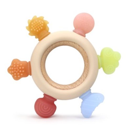 Baby Teething Toys Silicone Teethers BPA Free Silicone Rudder with Wooden Ring Soothe Babies Gums
