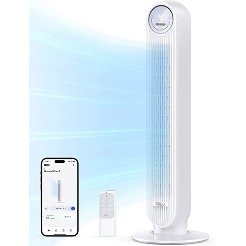 Dreo Tower Fan for Bedroom, 25ft/s Smart Standing Fans, 90° Oscillating Floor Fan with 4 Modes, 4 Speeds, 8H Timer, 28dB, Bladeless, Remote, 28 dB, Works with WiFi Voice Control
