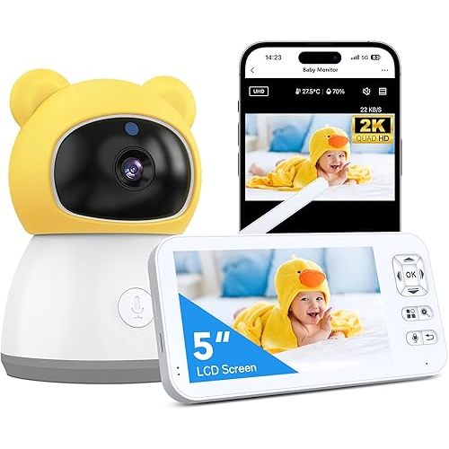Baby Monitor with Camera and Audio, 2K HD Smart Video Baby Camera WiFi 5" Screen, Night Vision, Temp Humidity Sensor, 2 Way Talk, Lullaby, Sleep Mode, Cry Detection, 1000ft Range, App Control