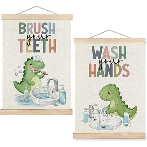 SPBL&L Funny Dinosaur Bathroom Wall Art, Dinosaurs Bathroom Poster Hanger Frame, Cute Animal Dino Hanging Canvas Pictures Prints Wall Decor for Kids Bath Room Washroom, 12x16 Inch Set of 2