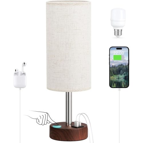 Dicoool Touch Bedside Table Lamp with USB - 3 Way Dimmable Wood Lamp for Bedroom Nightstand, Desk Lamp with Charging Station for Dorm, Living Room, Office, Kids Room, Small, 14in