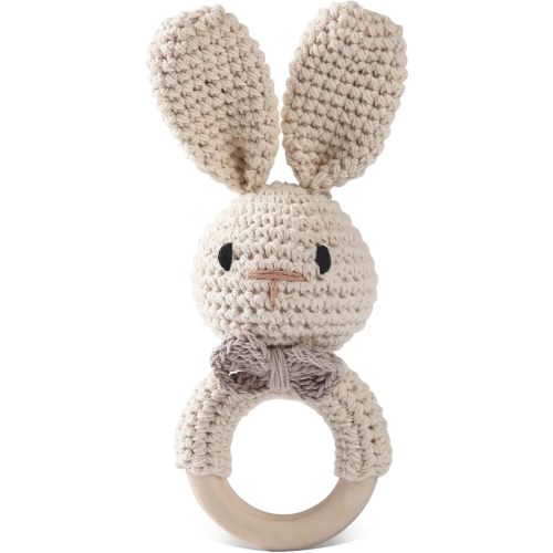 Baby Rattle Toys for Babies 0-6 Months Bunny Wooden Rattle for Baby Handmade Crochet Wooden Baby Rattle Organic Wooden Baby Toys Baby Stuffed Animals for Newborn