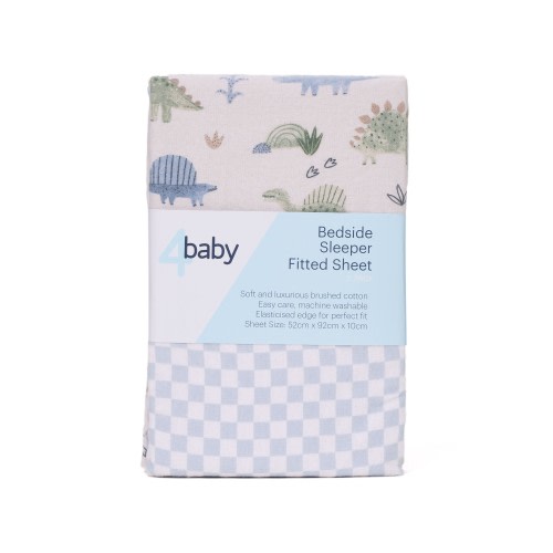 4Baby Flannel Bedside Sleeper Fitted Sheet 2 Pack Dino/Check