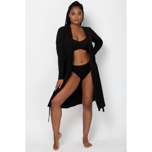 Smart & Sexy Comfort Cotton Rib Cardigan Robe, Color: Black hue, Size: l/xl