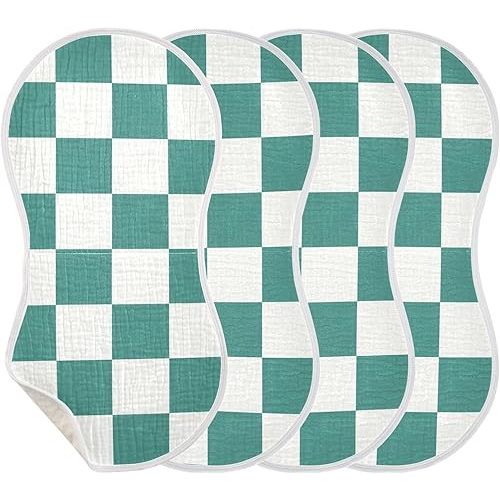 Emelivor Checkerboard Green White Plaid Muslin Burp Cloths for Baby Super Soft Baby Burp Cloths Set of 4 Absorbent Baby Washcloths Bibs Towel Spit Up Burping Rags for Girls Boys Newborn