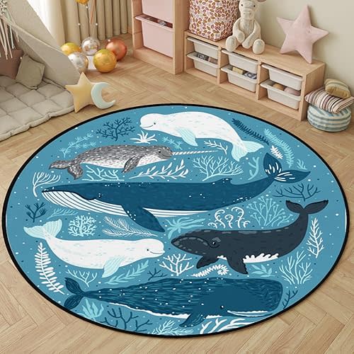 5 Feet Blue Sea Whales Large Round Area Rug Ultra Soft Kids Floor Playing Mat for Bedroom Living Room Baby Room, Non-Skid Lightweight Foam Rugs Home Decor