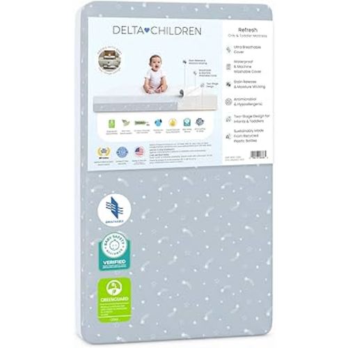 Delta Children Refresh 2-Stage Crib and Toddler Mattress - Breathable Cover and Core - Machine Washable - GREENGUARD Gold – Waterproof - Sustainably Sourced Core, Blue