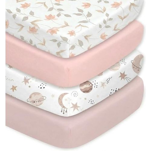4 Pack Crib Sheets for Girls – Fitted Crib Sheets for Standard Crib Mattress and Toddler Mattress, Ultra Soft Breathable Washable Polyester, 28x52inch, Light Pink & Star