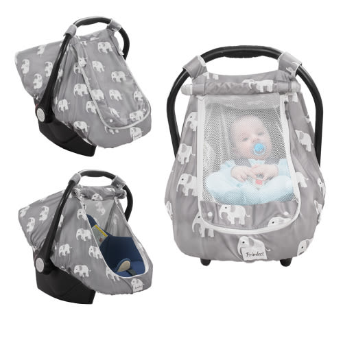 Beavtaens Car Seat Covers for Babies, Large Window Baby Car Seat Covers, Stretchy Carseat Canopy with Breathable Peekaboo, Kick-Proof & Windproof Infant Carseat Cover for Boys Girls (Elephants)