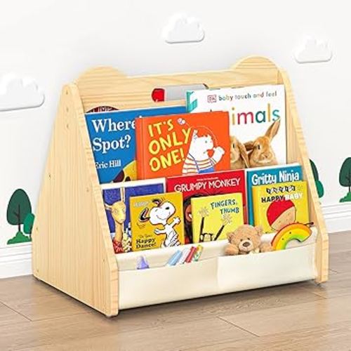Solid Pine Wood Kids Bookshelf, Double-Sided Nursery Book Shelves, Portable Toddler Bookshelf, Montessori Bookcase, Book Shelf for Kids Rooms, Childrens Book Storage Display for Bedroom Classroom