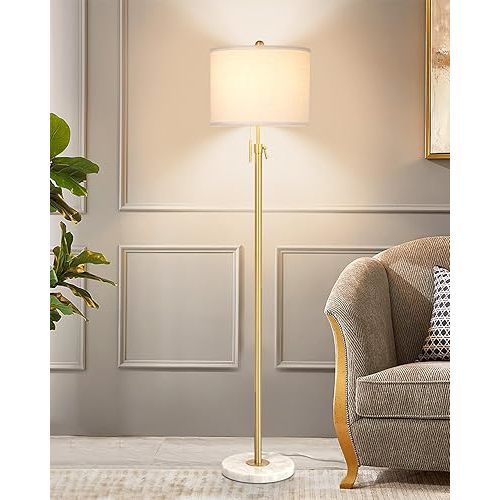 Modern Floor Lamp for Living Room, Adjustable Height Standing Lamp with Marble Base, 3-Way Dimmable Gold Brass Tall Pole Light with White Linen Shade for Reading, Bedroom, Chain Switch, Bulb Included