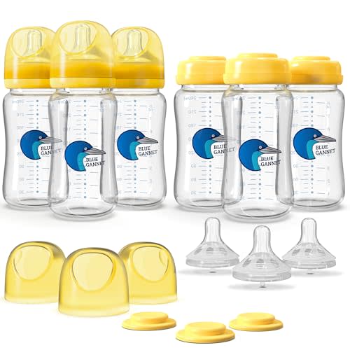 Blue Gannet Multipurpose Anti-Colic Glass Baby Bottles with Slow Flow and Natural Flow Nipples, Breast Milk Collection and Storage Bottles, Wide-Neck Breast Pumps Compatible, 6-Pack (8oz)