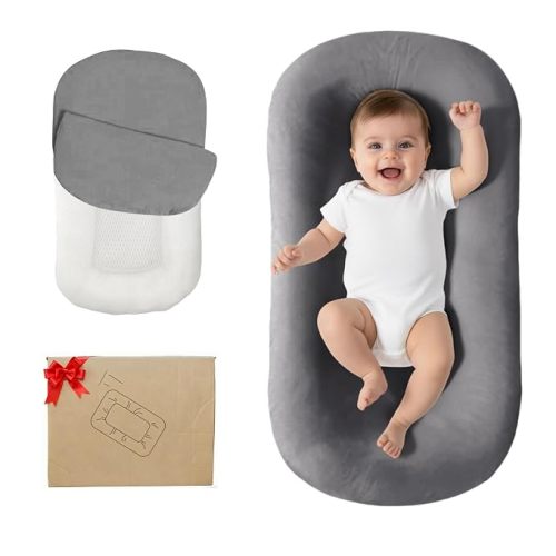 Baby Lounger, Bionic Design Baby Lounger for Newborn 0-24 Months, Soft Organic Cotton Breathable Lounger for Infants (Cream Gray)