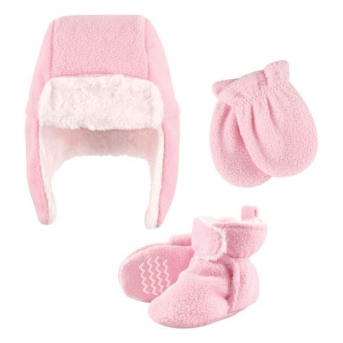 Hudson Baby Infant Girl Trapper Hat, Mitten and Bootie Set, Light Pink, Size: 0-6 months