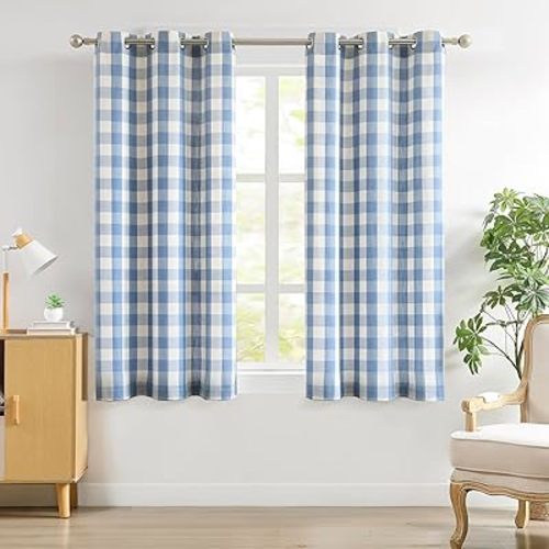 Amzdecor Buffalo Plaid Grommet Curtains 63 Inch Length, Light Filtering Check Linen Textured Curtains Drapery for Living Room Bedroom Farmhouse,2 Panels (40" x 63", Dusty Blue & Beige)