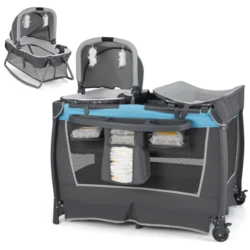 HONEY JOY Pack and Play, 5 in 1 Portable Infant Playpen with Bassinet & Changing Table, Storage Bag, Music Box, Toys, Carry Bag, Nursery Center, Baby Playard Pack n Play Crib for Boys Girls