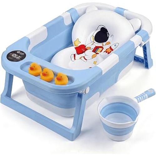 Collapsible Bathtub Baby for Infants & Newborns w/Thermometer, Drain Plug with Heat Sensor & Scoop – Compact Travel Baby Bath Space-Saving Bath for Travel, Shower & Small Bathrooms