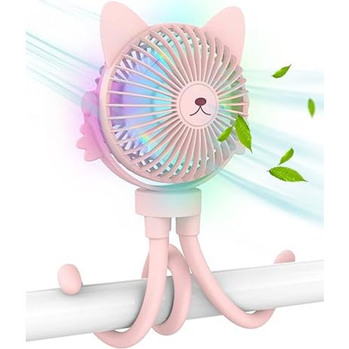 Portable Stroller Fan for Baby – Rechargeable Handheld & Clip-On USB Fan, Stroller Accessories with Night Light (Pink)