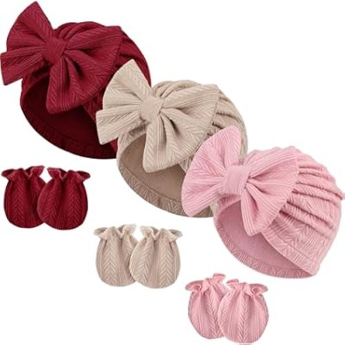 BQUBO Newborn Baby Hospital Hats Beanie Bow Infant Caps Baby Cotton No Scratch Mittens Set for 0-12 Months