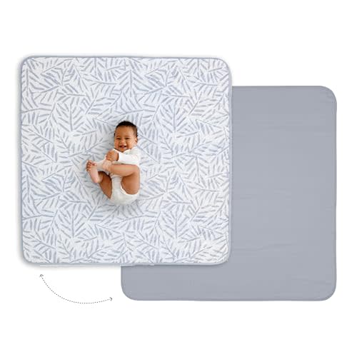 Toddlekind Pretty Practical Mat 100% Organic Cotton 47" x 47”, Reversible, Portable, Travel, Portable, Indoor/Outdoor, for Babies/Toddlers, Sandy Lines-Ocean Leaves-Stone (Grey)