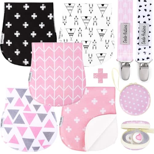Dodo Babies 5-Pack Baby Burp Cloths - Soft & Absorbent Cotton Burp Cloths are Newborn Essentials Must Haves - Includes Pacifier Case and 2 Pacifier Clips - Colors: Pink, Grey, and Black