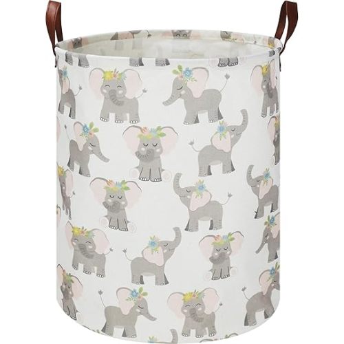 CLOCOR Elephant Laundry Basket,Waterproof Baby Girls Nursery Hamper, Girls' Room Decor,Kids Toys Storage Bin,Gift Basket(Garland Elephant