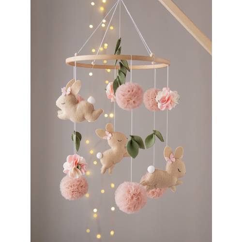 Bunny baby mobile girl. Baby shower gift. Nursery decor girl. Boho baby mobile.
