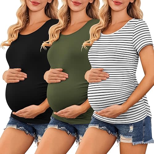 Ekouaer Womens Maternity Shirts 3 Packs Side Ruched Pregnancy Tee Top Tunic Blouse Casual Mama Clothes S-XXL